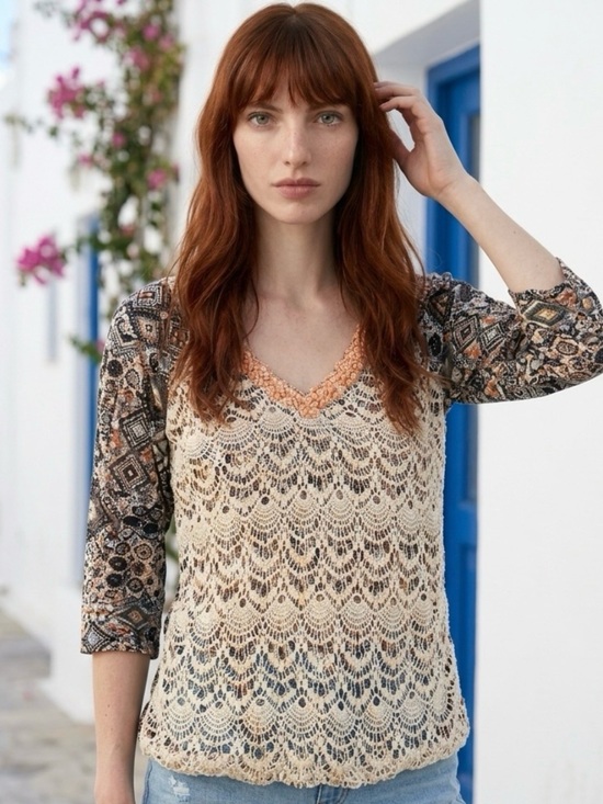 BKE Tops - BKE Cream Beaded Crochet V-Neck 3/4 Sleeve BoHo Size M